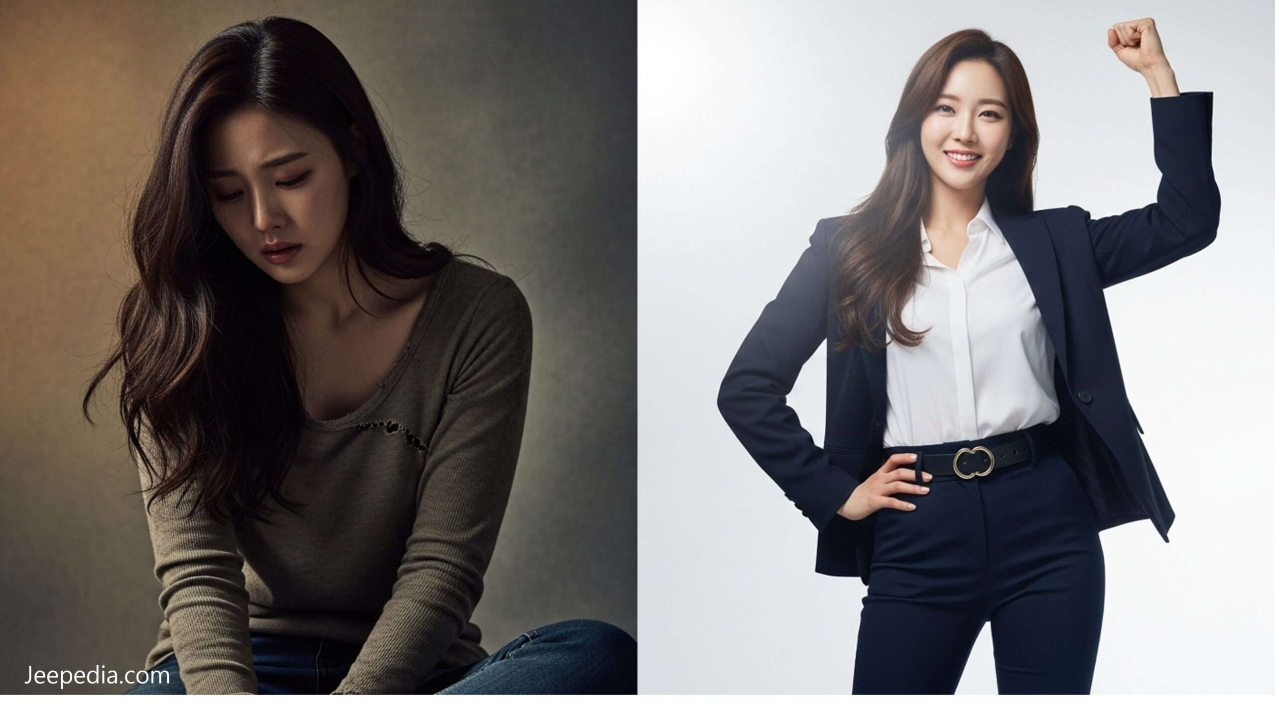 한쪽엔 어려움을 겪고 있는 여성, 다른 한쪽엔 어려움을 이겨내고 있는 여성