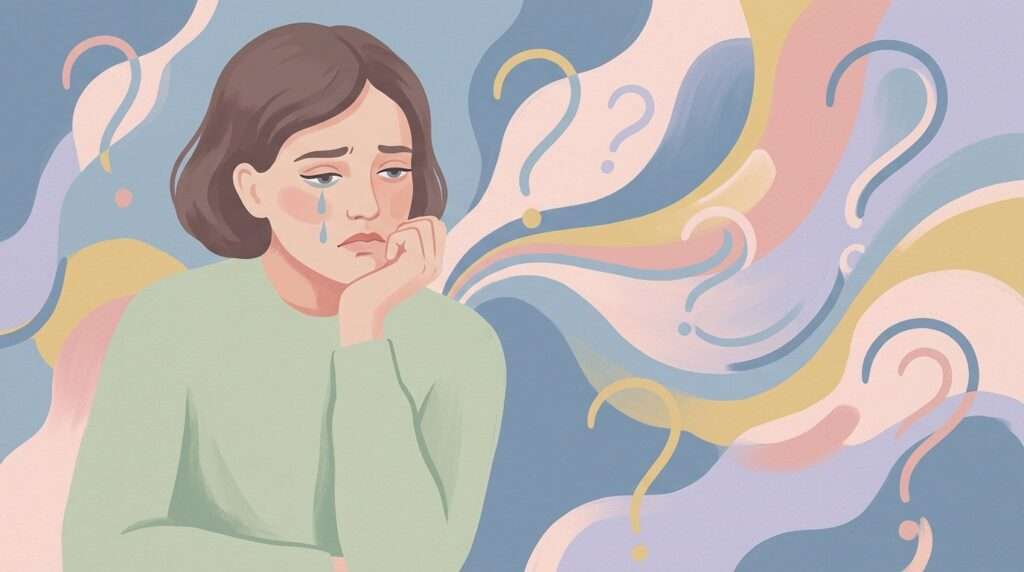 눈물을 흘리는 사람의 얼굴과 감정의 변화를 표현한 일러스트