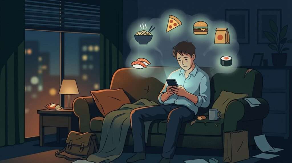퇴근 후 소파에 앉아 스마트폰으로 배달 앱을 보는 지친 직장인의 모습